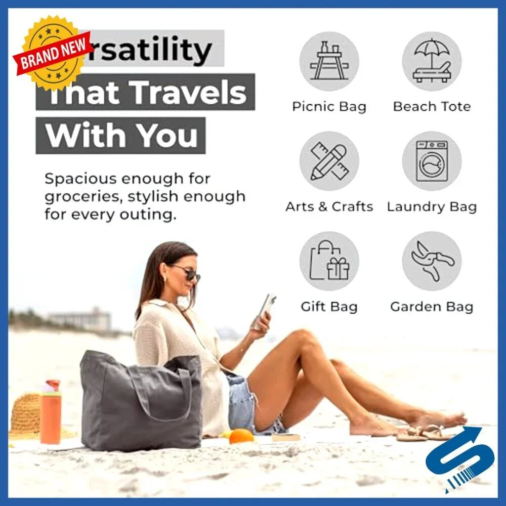 Heavy Duty Canvas Grocery Tote Set Foldable Washable Dual Handle Pockets
